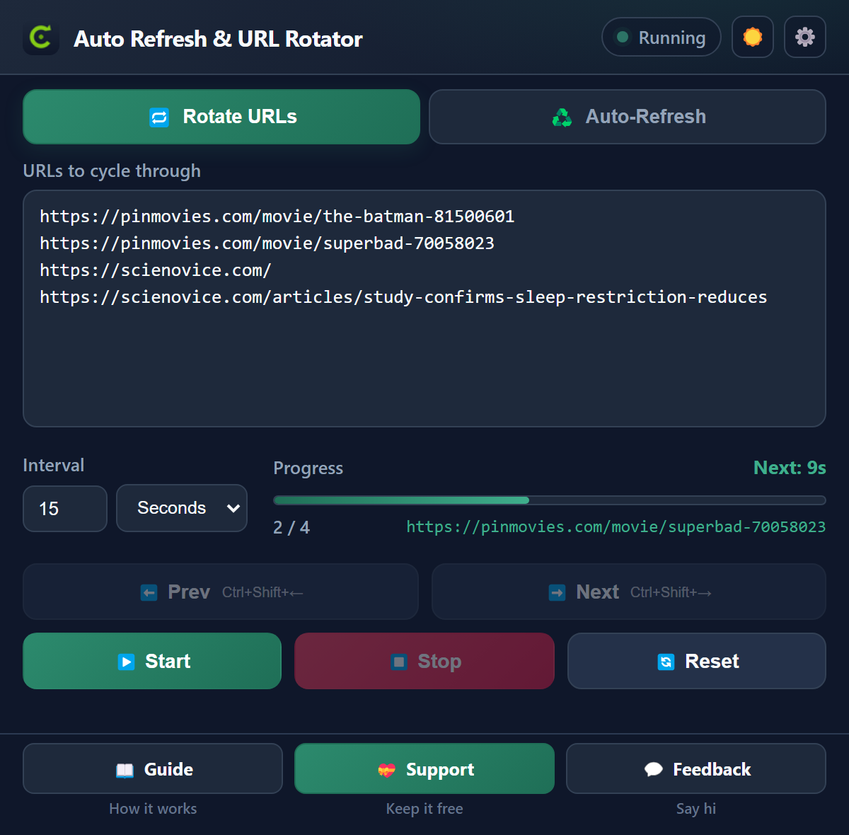 Rotate URLs mode — cycle a list of URLs in one reused tab